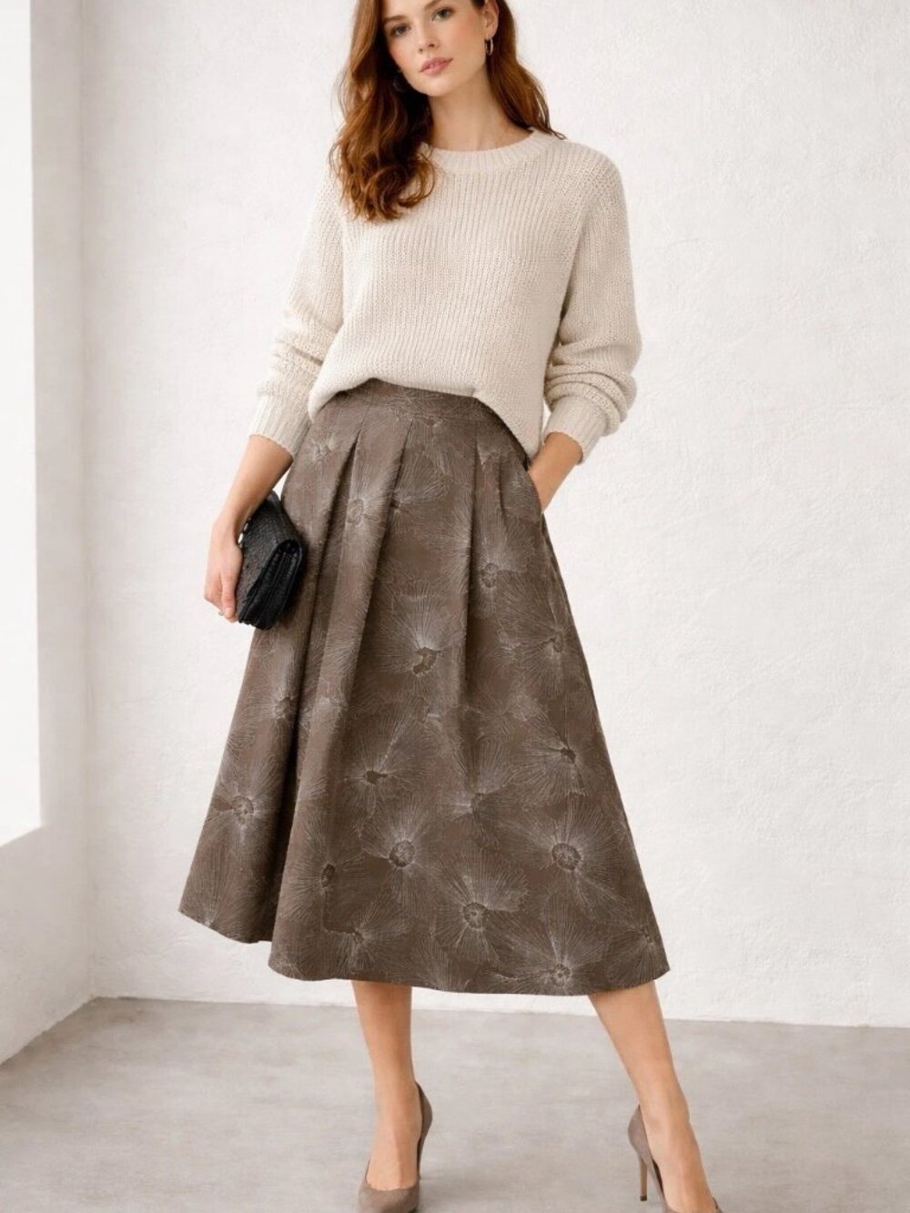 TALBOTS Pure Silk Pleated A-Line Brown Skirt Silver Floral Embroidery Size 6